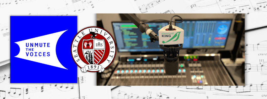 image of unmute the voices logo, seattle university and audio board and microphone at Classical KING radio station